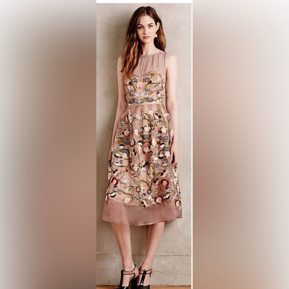Anthropologie Blush Pink Embroidered Midi Dress - Picture 4 of 16